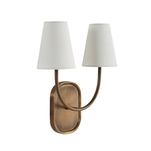 Maddie wall sconce featuring two white shades and a curved antique brass arm