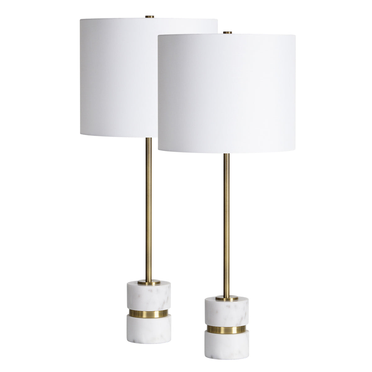 Talulla Table Lamp Set featuring two lamps with white shades and marble bases, gold accents.