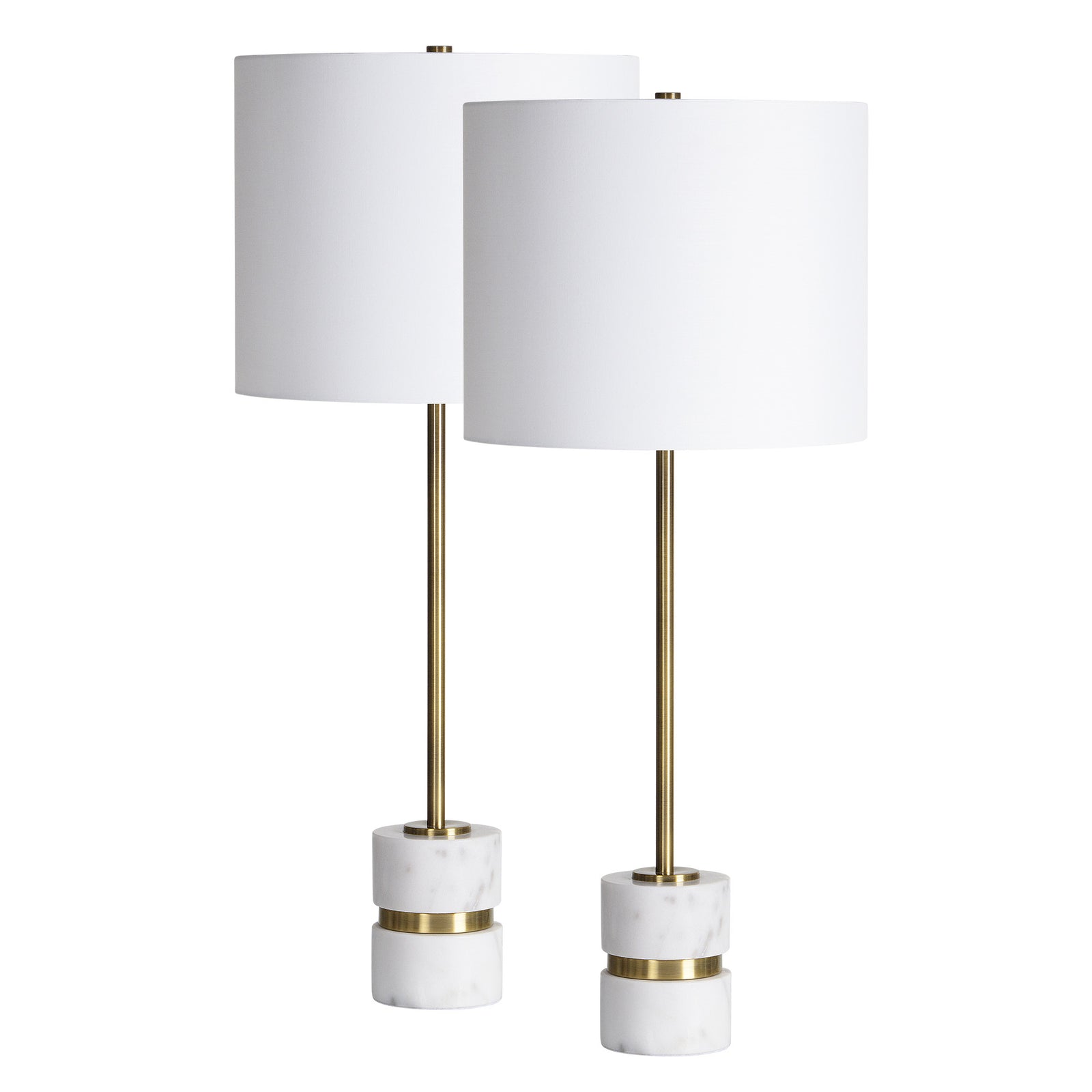 Talulla Table Lamp Set featuring two lamps with white shades and marble bases, gold accents.