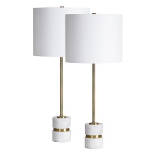Talulla Table Lamp Set featuring two lamps with white shades and marble bases, gold accents.