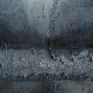 Close-up of Atlanta canvas art texture with layered blue and gray paint.