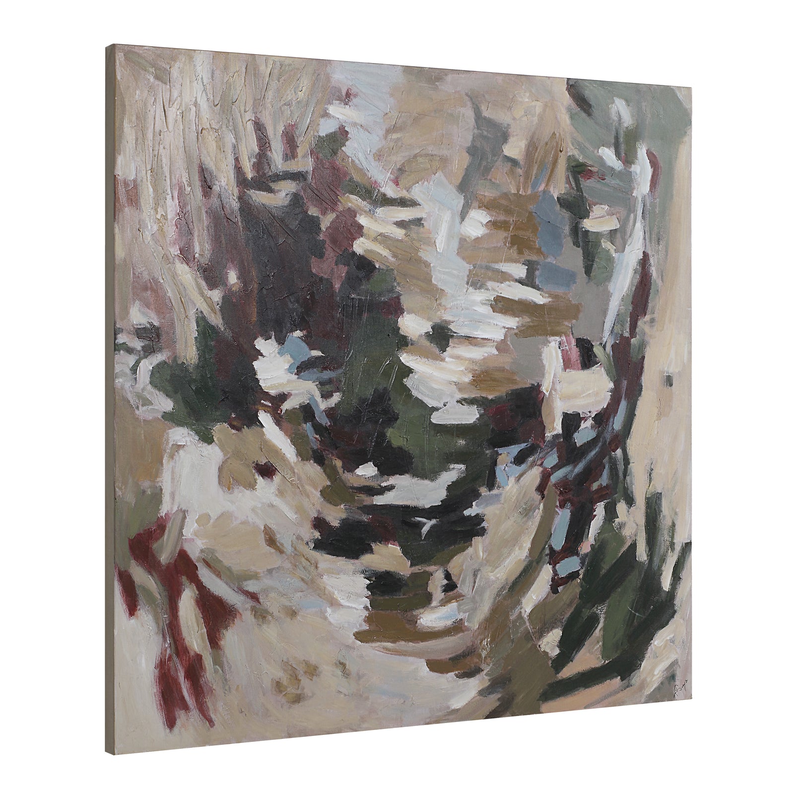Ardesia canvas art featuring abstract brush strokes in earthy tones of green, brown, and cream.