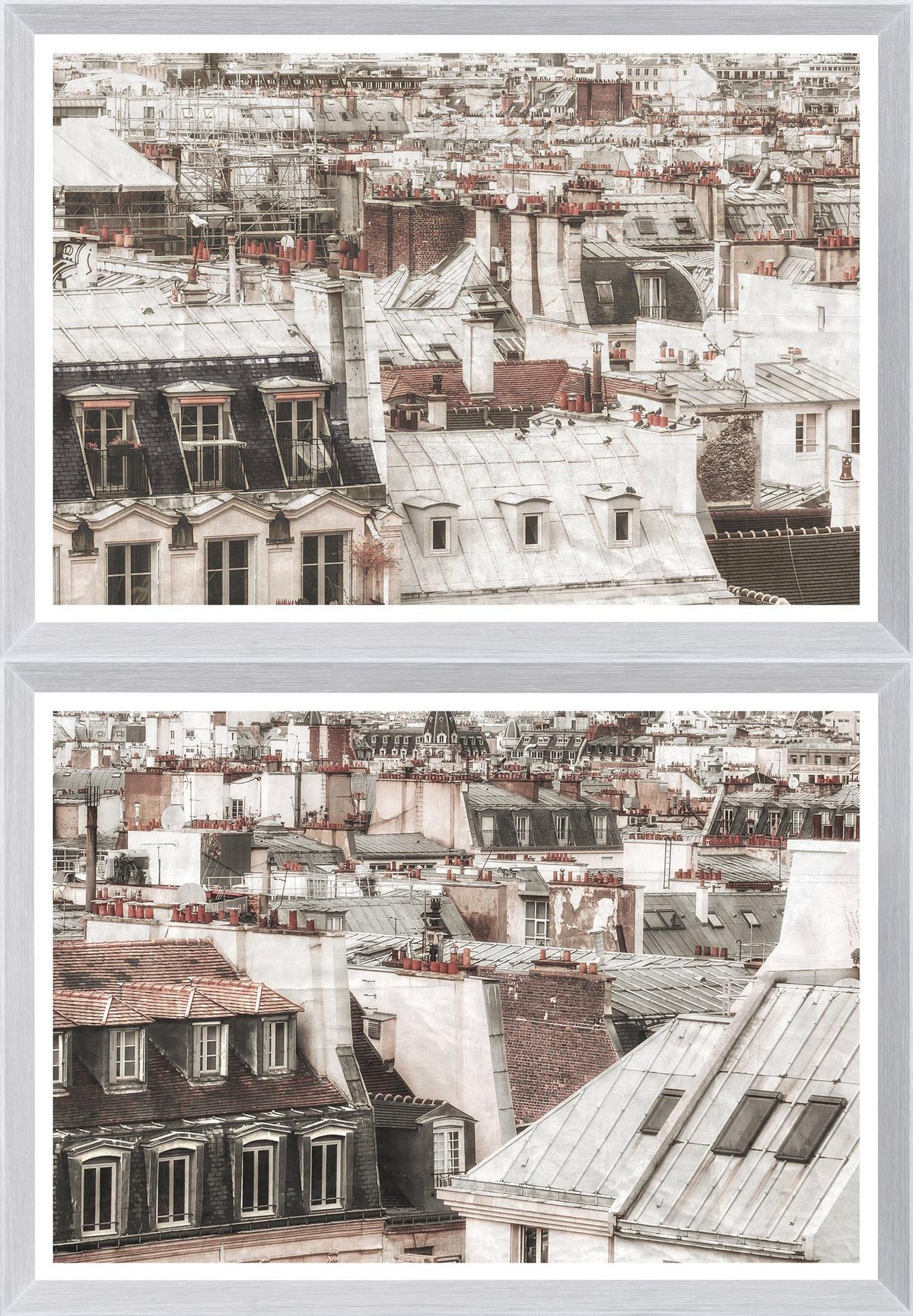 Paris Rooftops I - II Bundle featuring a detailed view of Parisian rooftops in muted tones, framed in white.