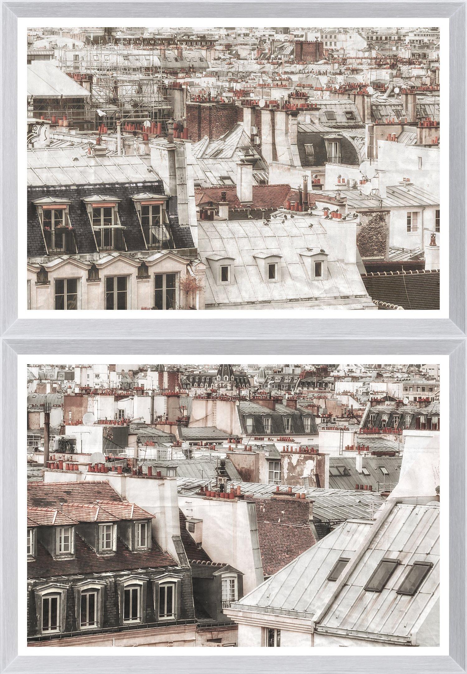 Paris Rooftops I - II Bundle featuring a detailed view of Parisian rooftops in muted tones, framed in white.