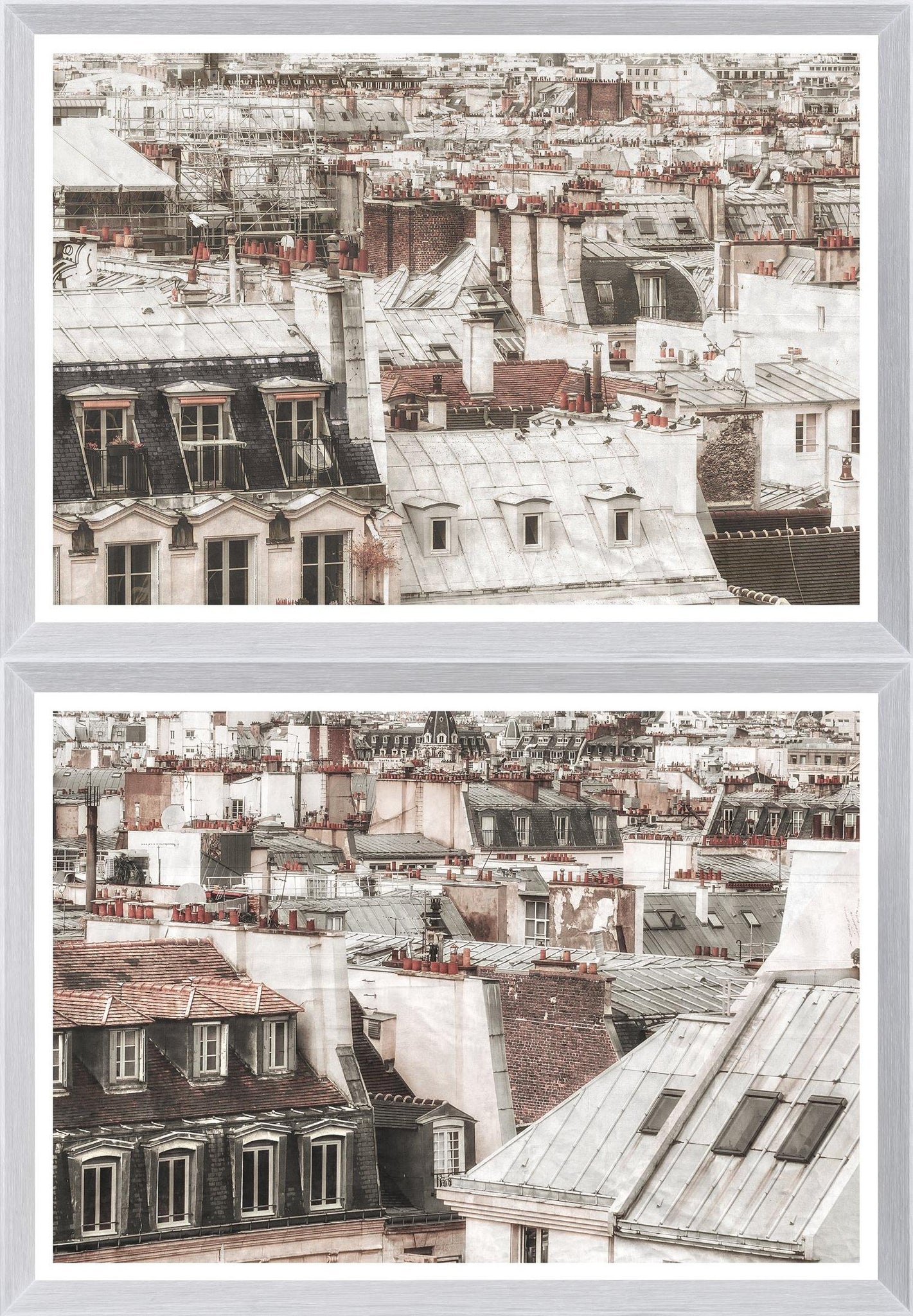 Paris Rooftops I - II Bundle featuring a detailed view of Parisian rooftops in muted tones, framed in white.