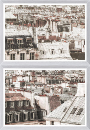 Paris Rooftops I - II Bundle featuring a detailed view of Parisian rooftops in muted tones, framed in white.