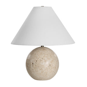 Assen Table Lamp with a round beige stone base and a white fabric shade.