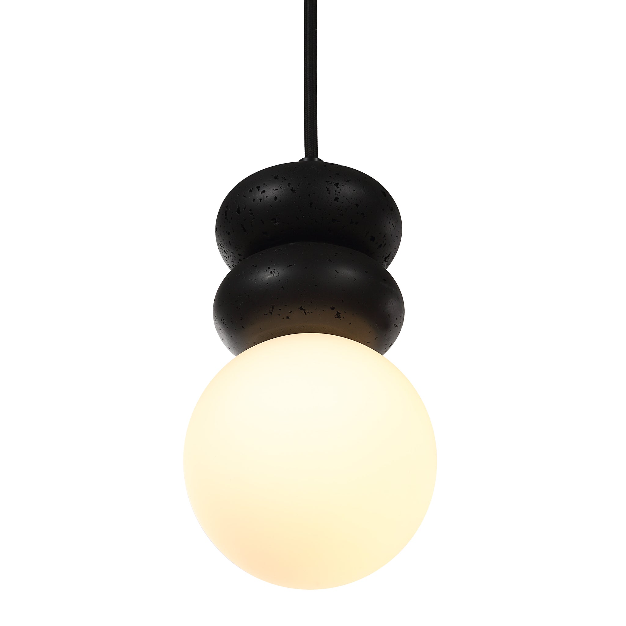 Solene pendant light with a warm white globe and two black orbs above