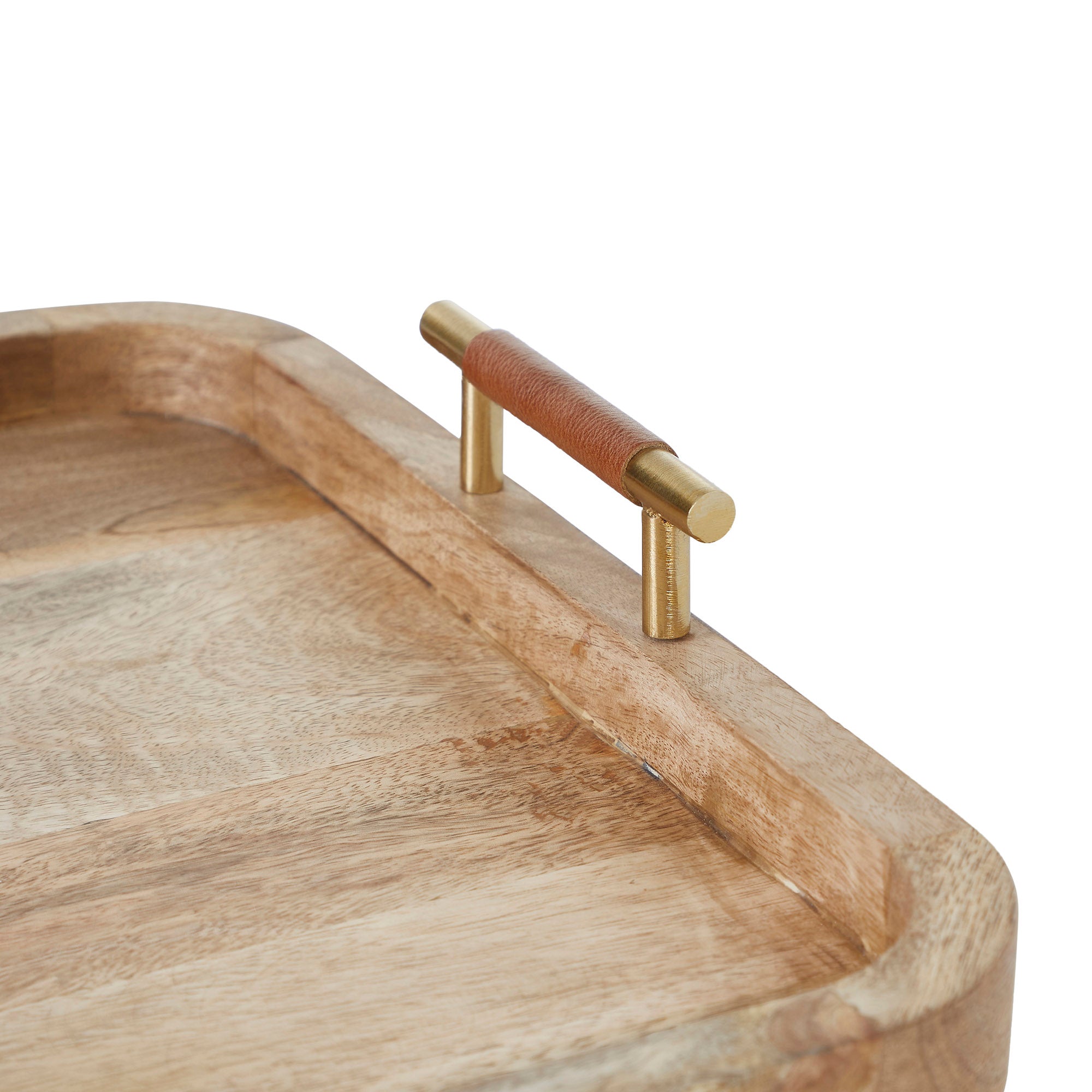 Mango Tray by Renwil, close-up of handle featuring leather and brass details.