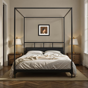 Bedroom setting featuring the Madeleine canvas art above a bed with a black frame.