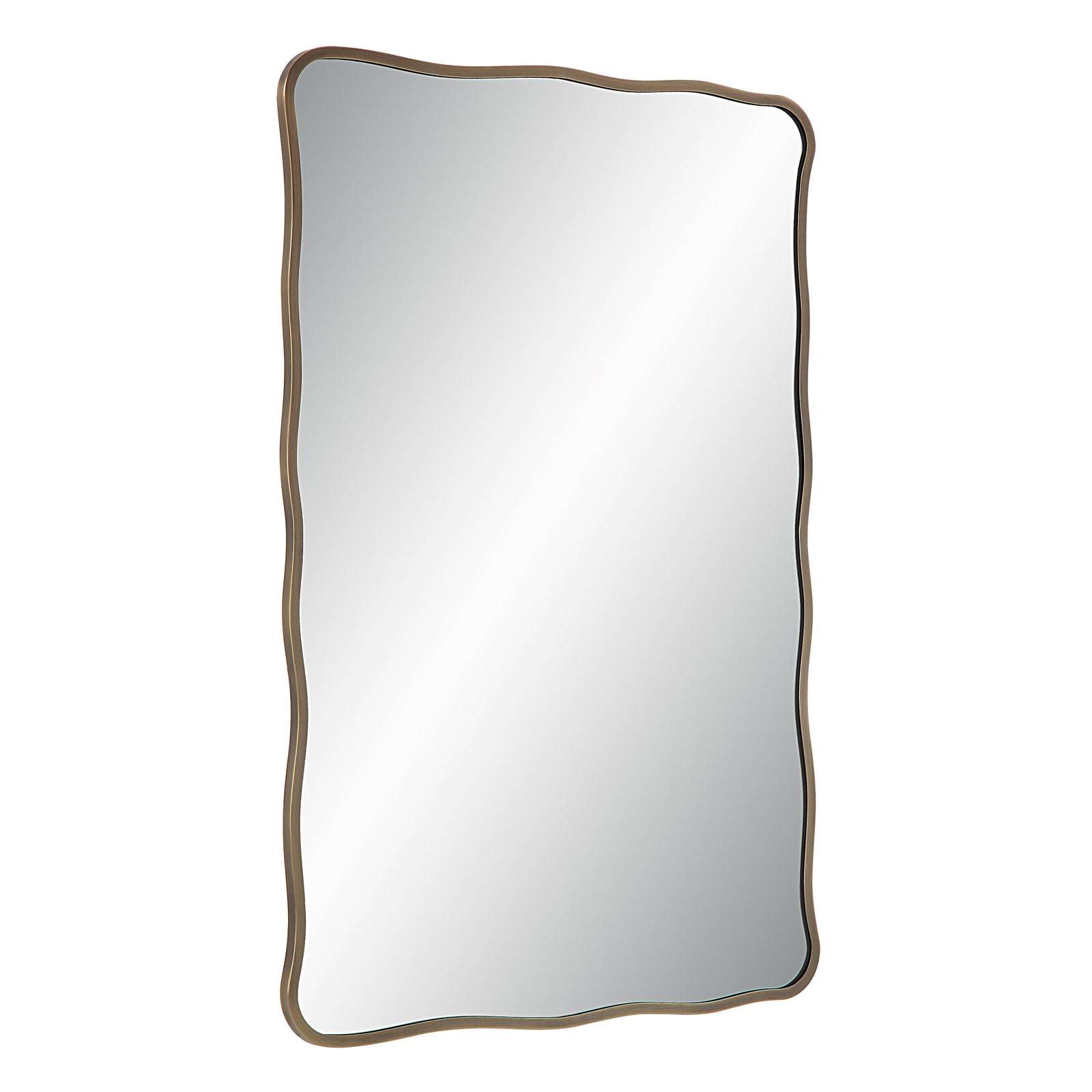 Basel Wall Mirror with a wavy bronze frame, reflecting light, front view.