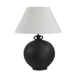 Alicia Table Lamp featuring a round black base and a white conical shade