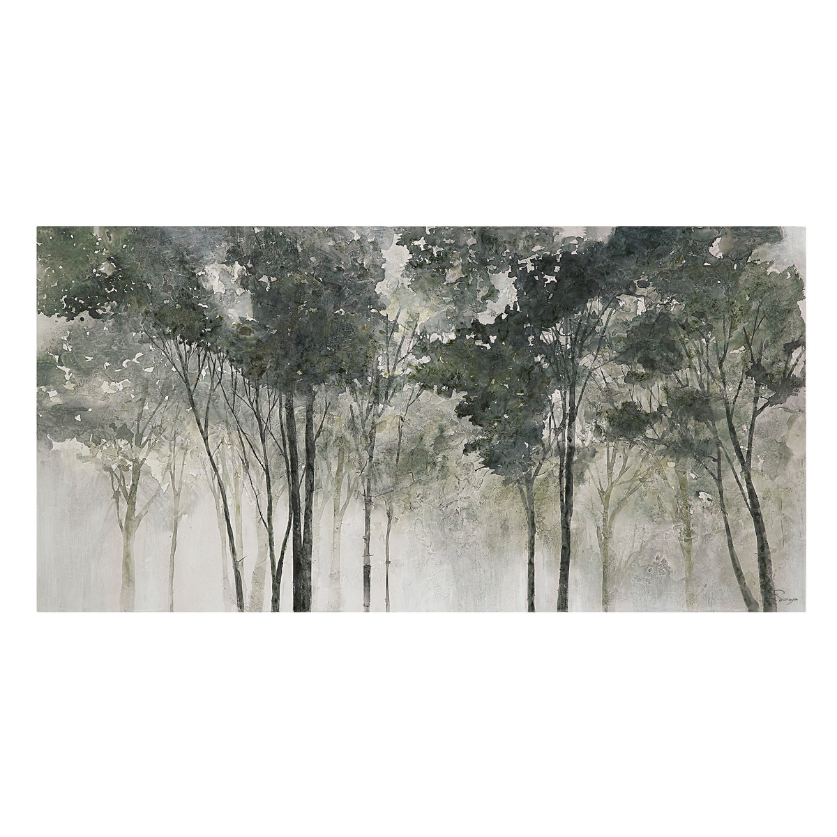 Potter canvas art featuring misty trees in muted greens and grays