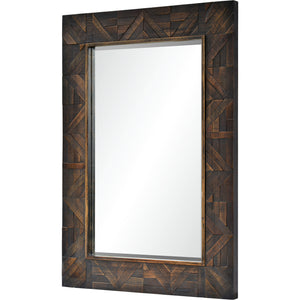 Madden Wall Mirror featuring a dark wood frame with geometric patterns, viewed from a slight angle.
