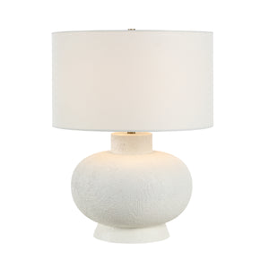 Mallow Table Lamp by Renwil illuminated, featuring a textured white base and white shade.