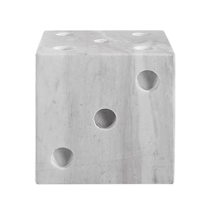 Dylon statue, white marble cube, six drilled holes, minimalist style