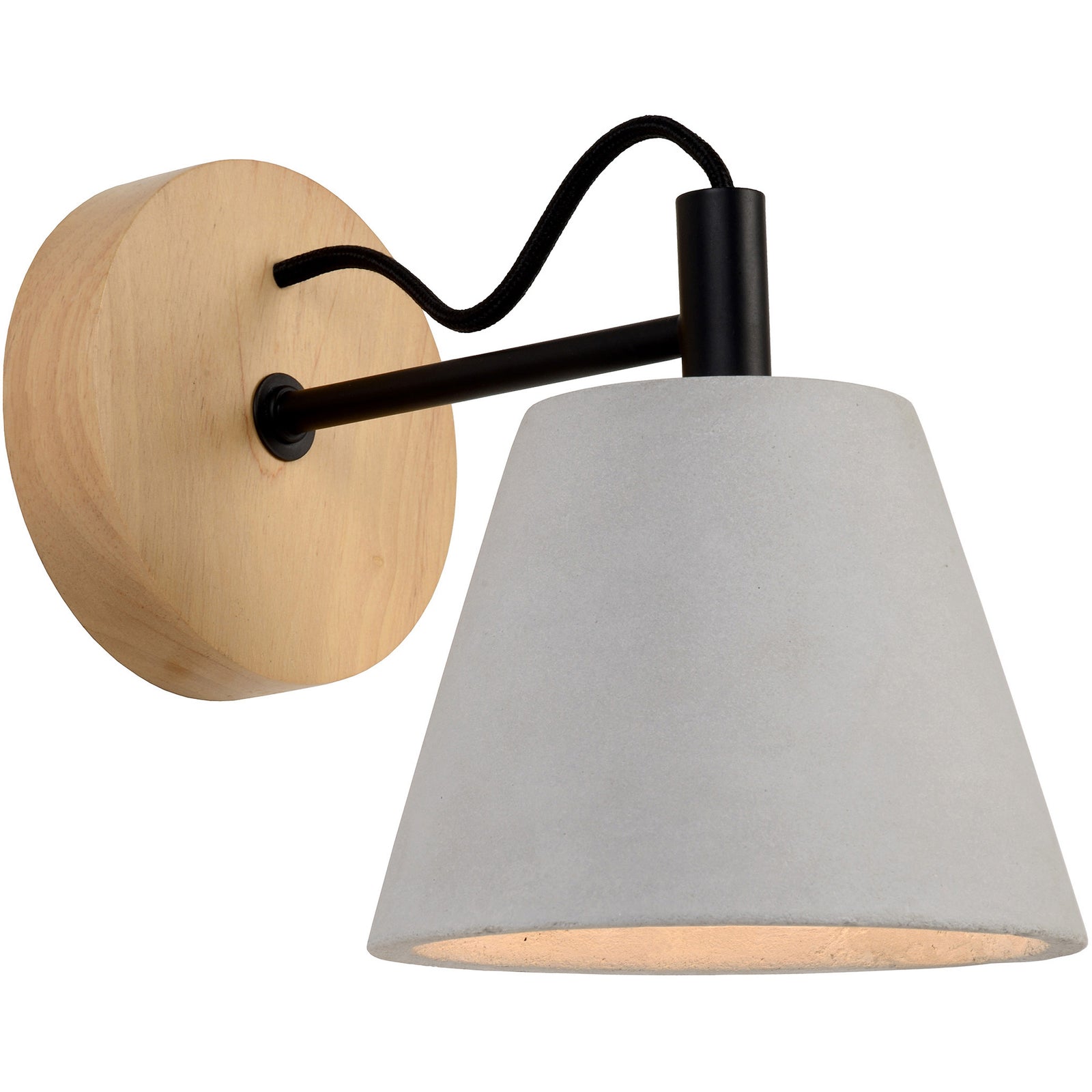 Turtle Bay Wall Sconce with gray concrete shade and wood backplate, featuring a black arm and cord.