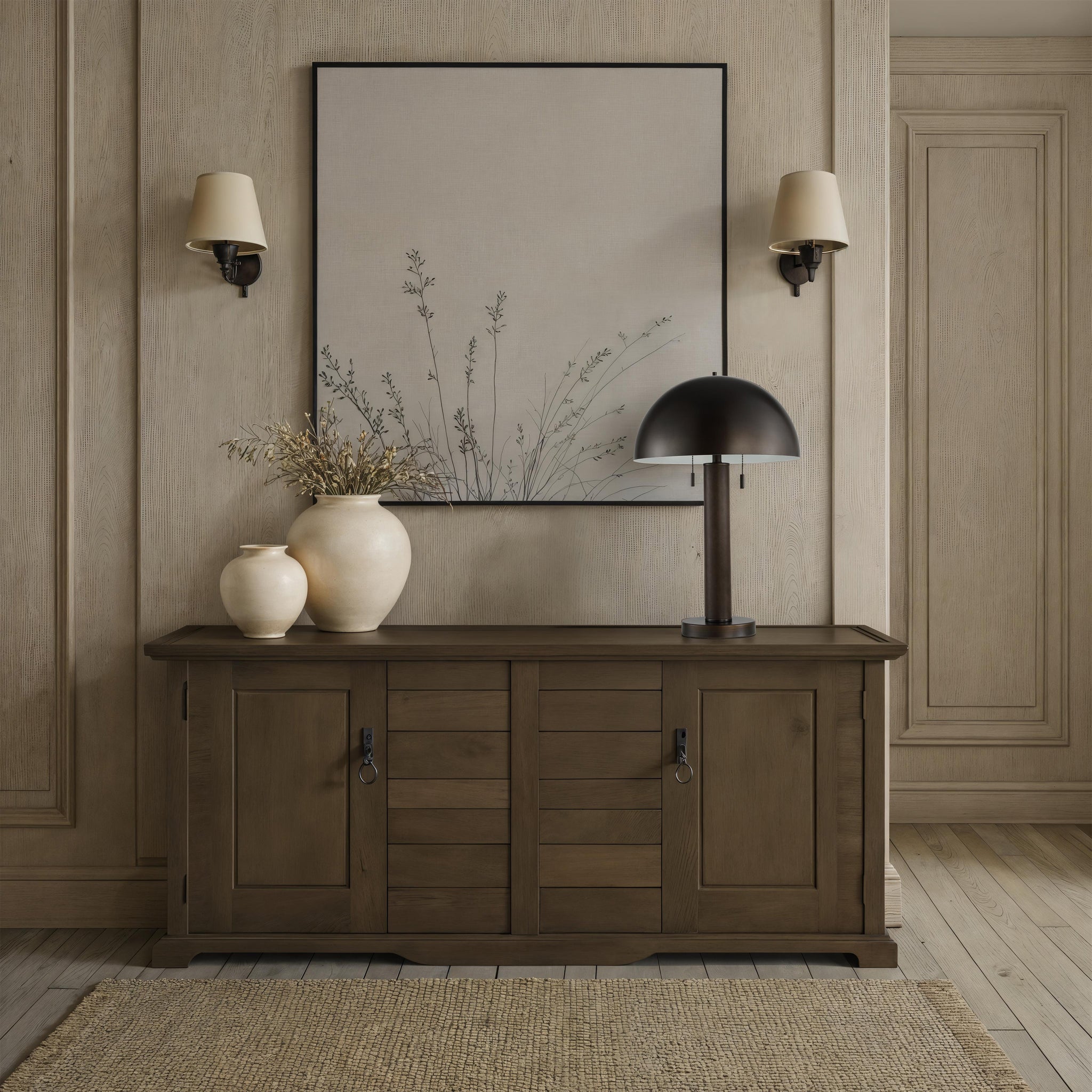 Incanta floor lamp placed on a wooden console table with decorative vases