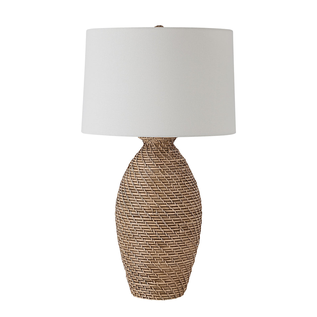 Santal Table Lamp by Renwil with a woven brown base and white fabric shade