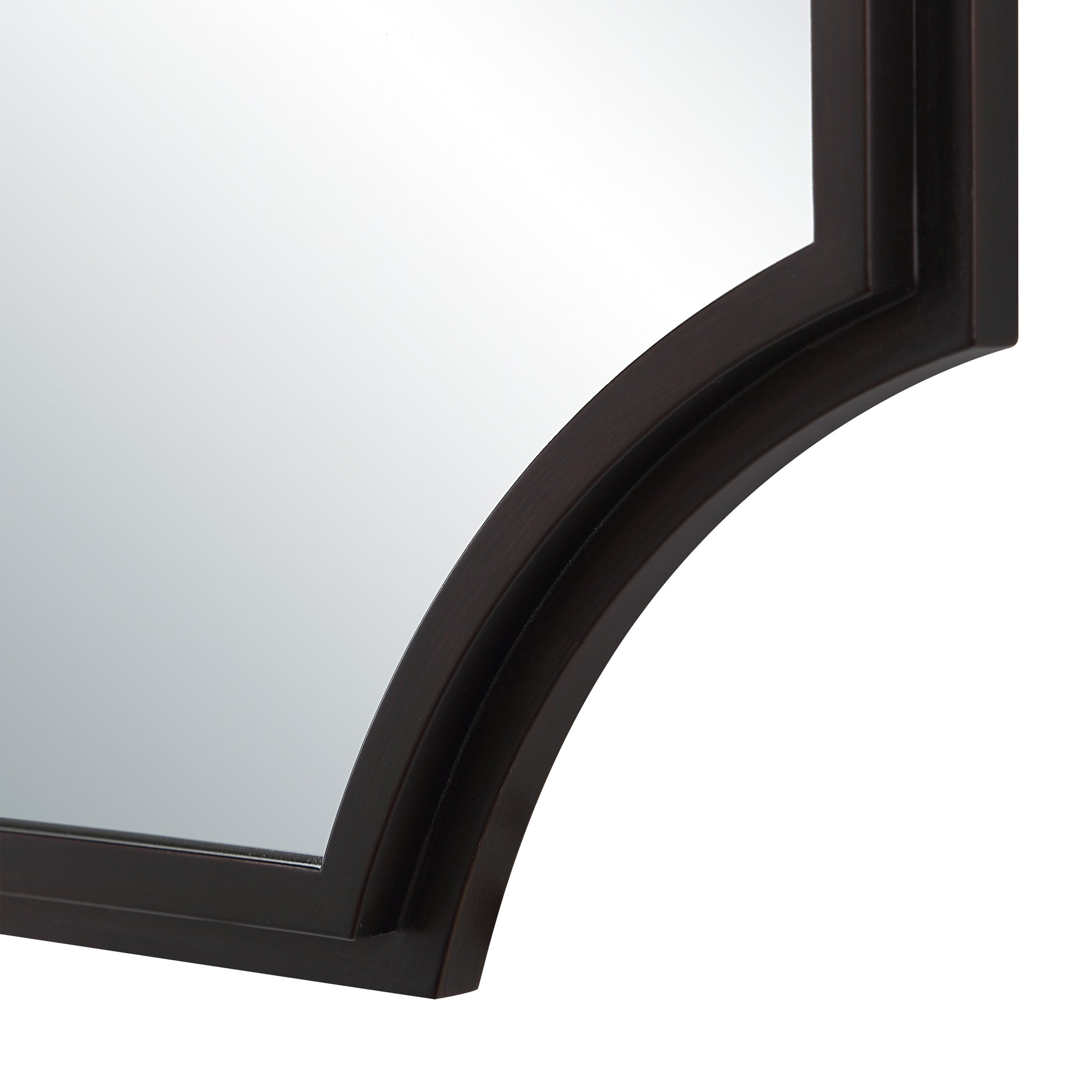 Close-up of Torre mirror by Renwil, highlighting the dark frame's scalloped edge detail.