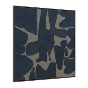 Valerio canvas art shown from a side angle, highlighting navy blue and beige abstract design.