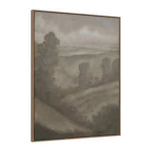 Bruma canvas art shown at an angle, depicting a serene landscape in soft gray and brown hues.