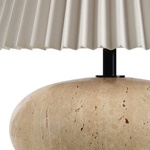Close-up of Noto Table Lamp showing the beige pleated shade and textured stone base.
