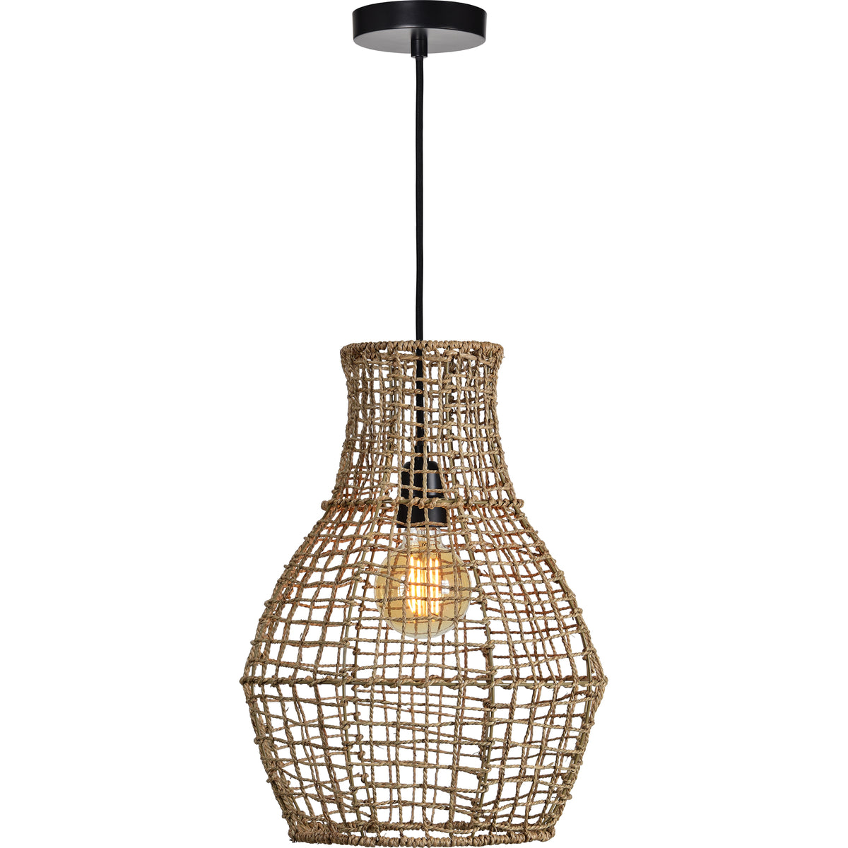 Nahanni Ceiling Fixture featuring a woven natural rattan design with a black ceiling mount.
