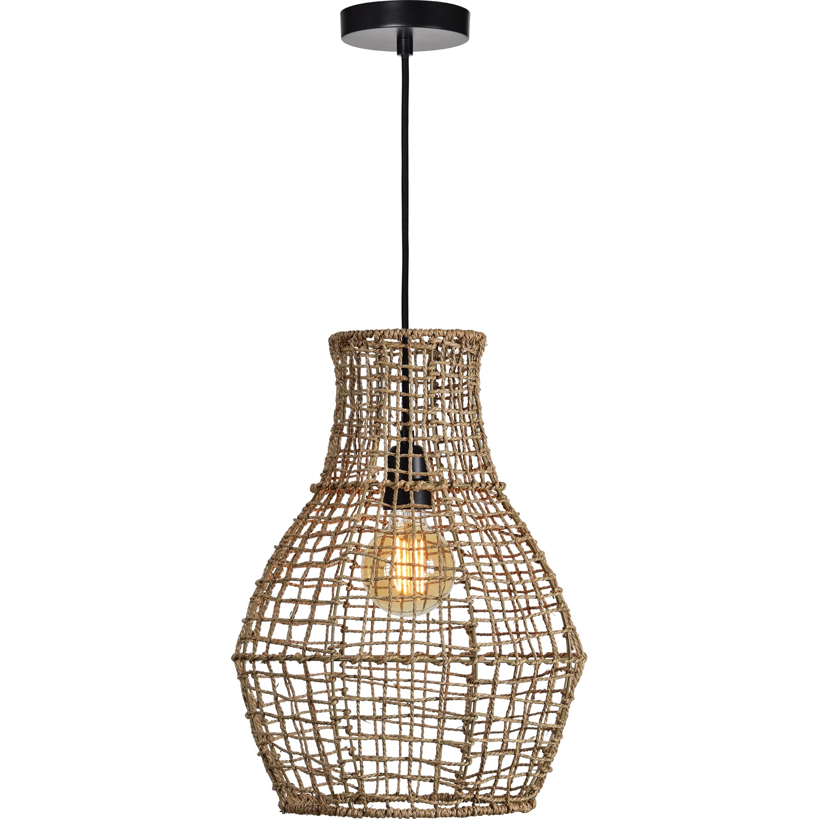 Nahanni Ceiling Fixture featuring a woven natural rattan design with a black ceiling mount.