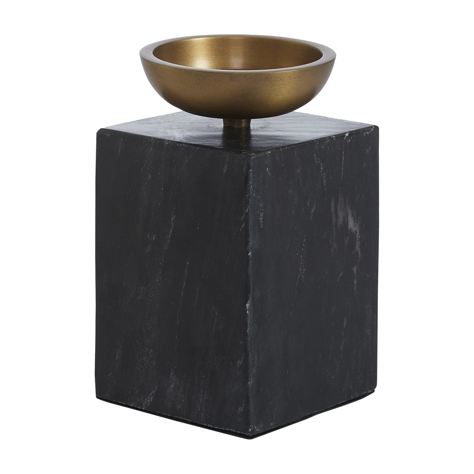 Poema candle holder with a black square base and a round brass bowl on top