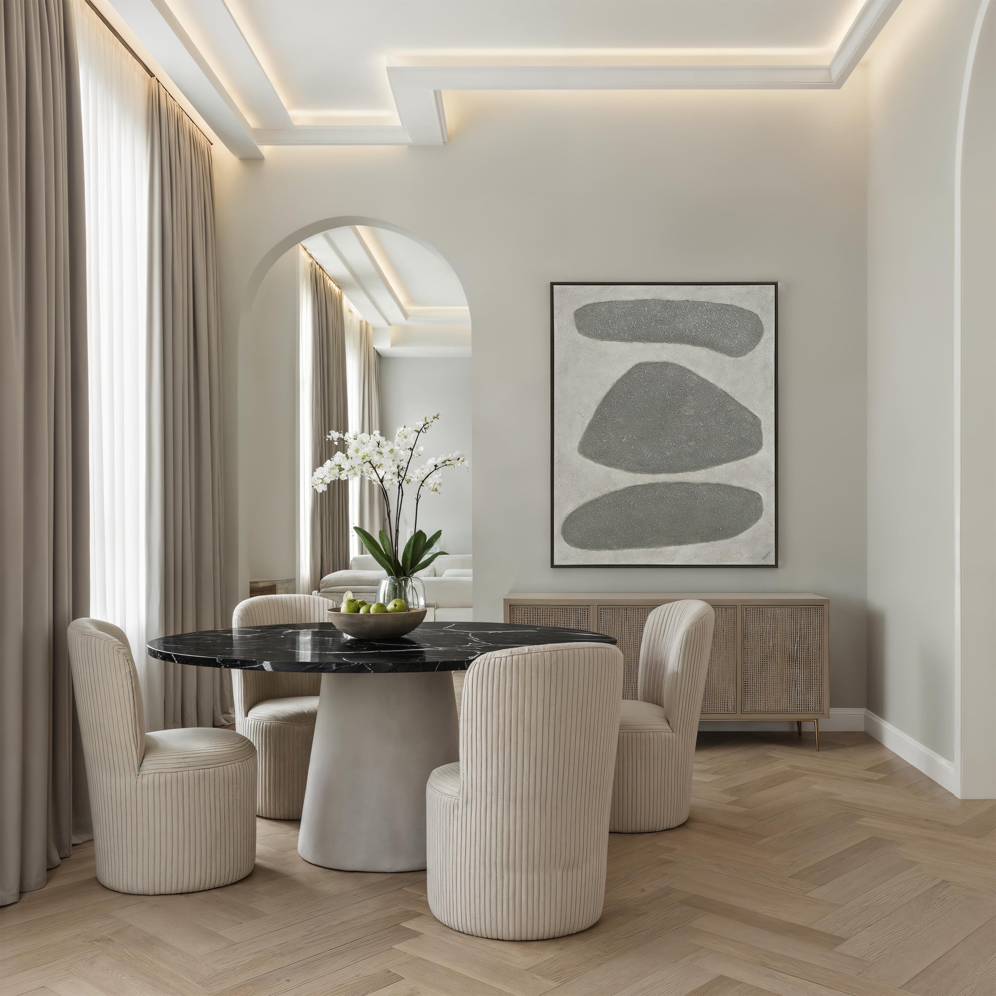 Orso canvas art featuring abstract gray shapes on a light background, framed and displayed in a modern dining room.