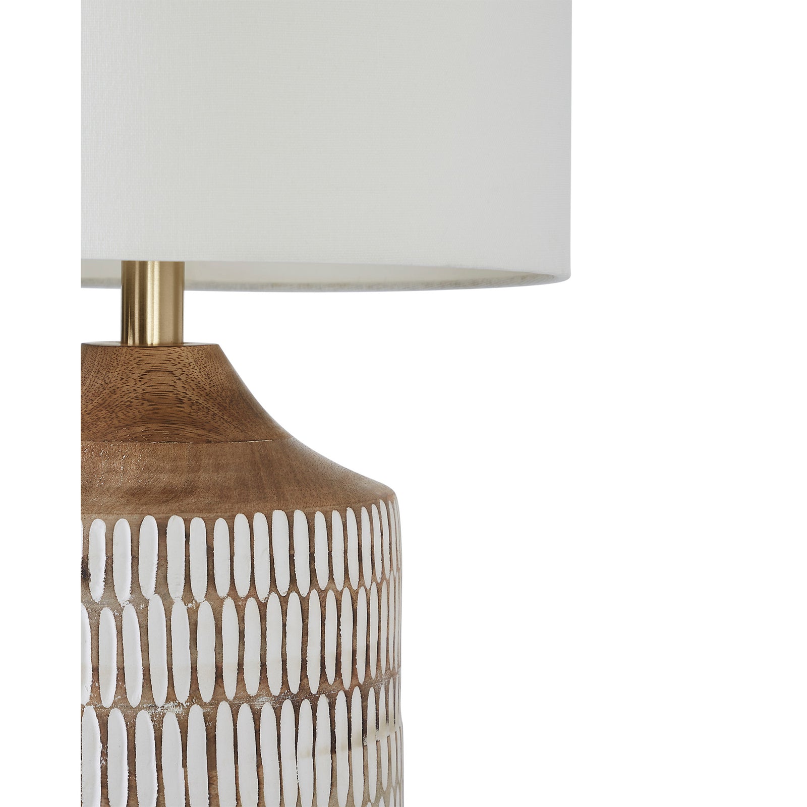 Wickes Table Lamp by Renwil with a white drum shade and textured brown base.