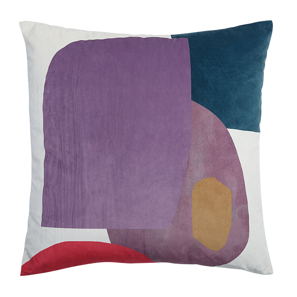 Layla Indoor Pillow featuring abstract shapes in purple, teal, red, and beige on a white background.