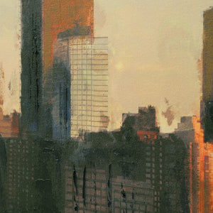 Close-up of Panorama canvas art showing detailed city buildings in warm sunset colors.