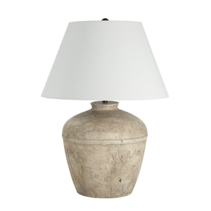 Heritage table lamp with a textured beige ceramic base and a white fabric shade.