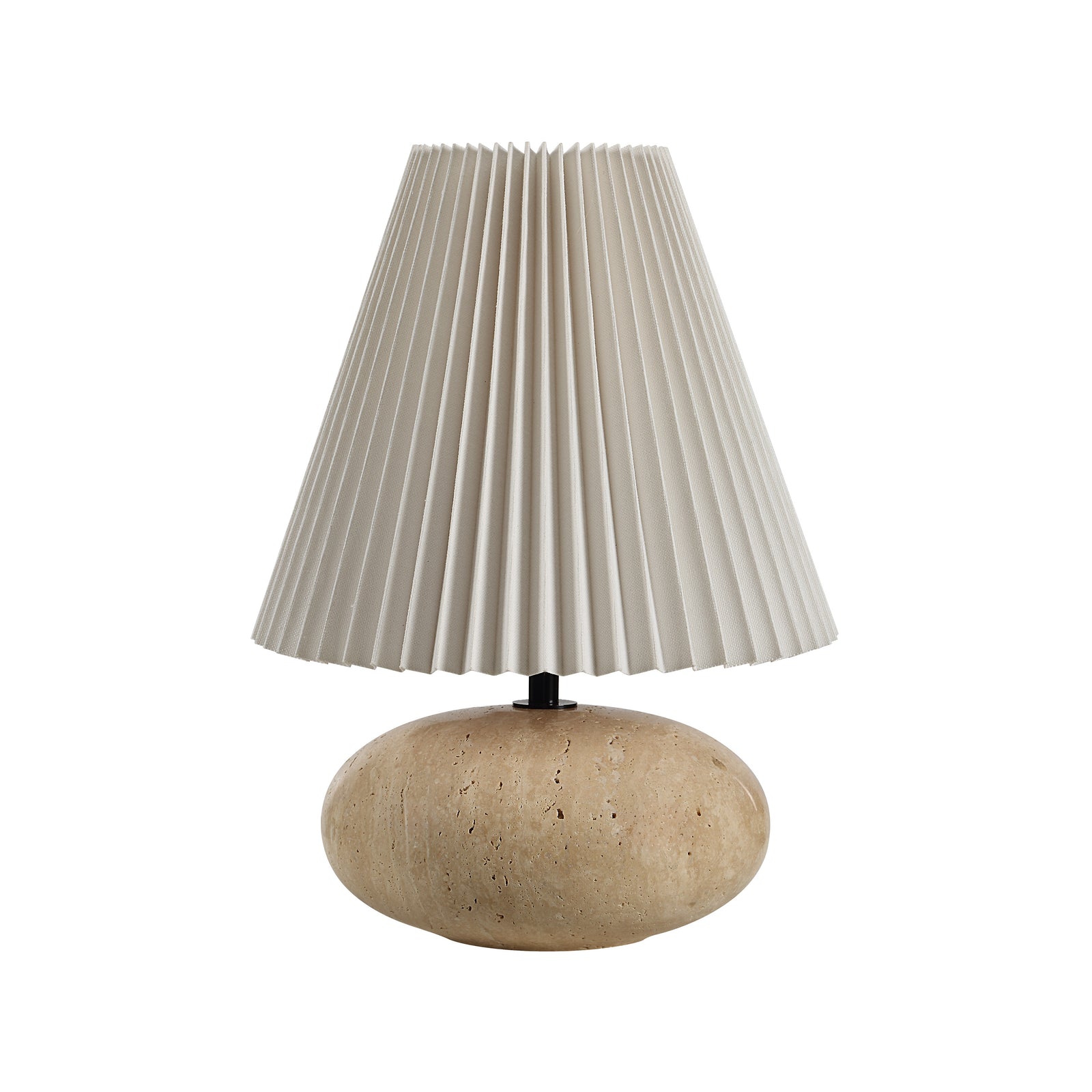 Noto Table Lamp by Renwil with a beige pleated shade and a round stone base.