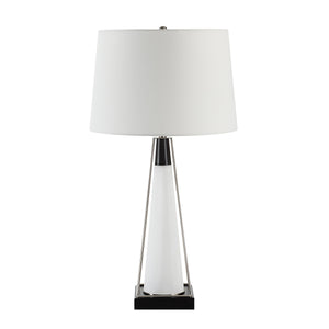 Navagio Table Lamp showcasing a white shade and a modern white and black design with a geometric base.