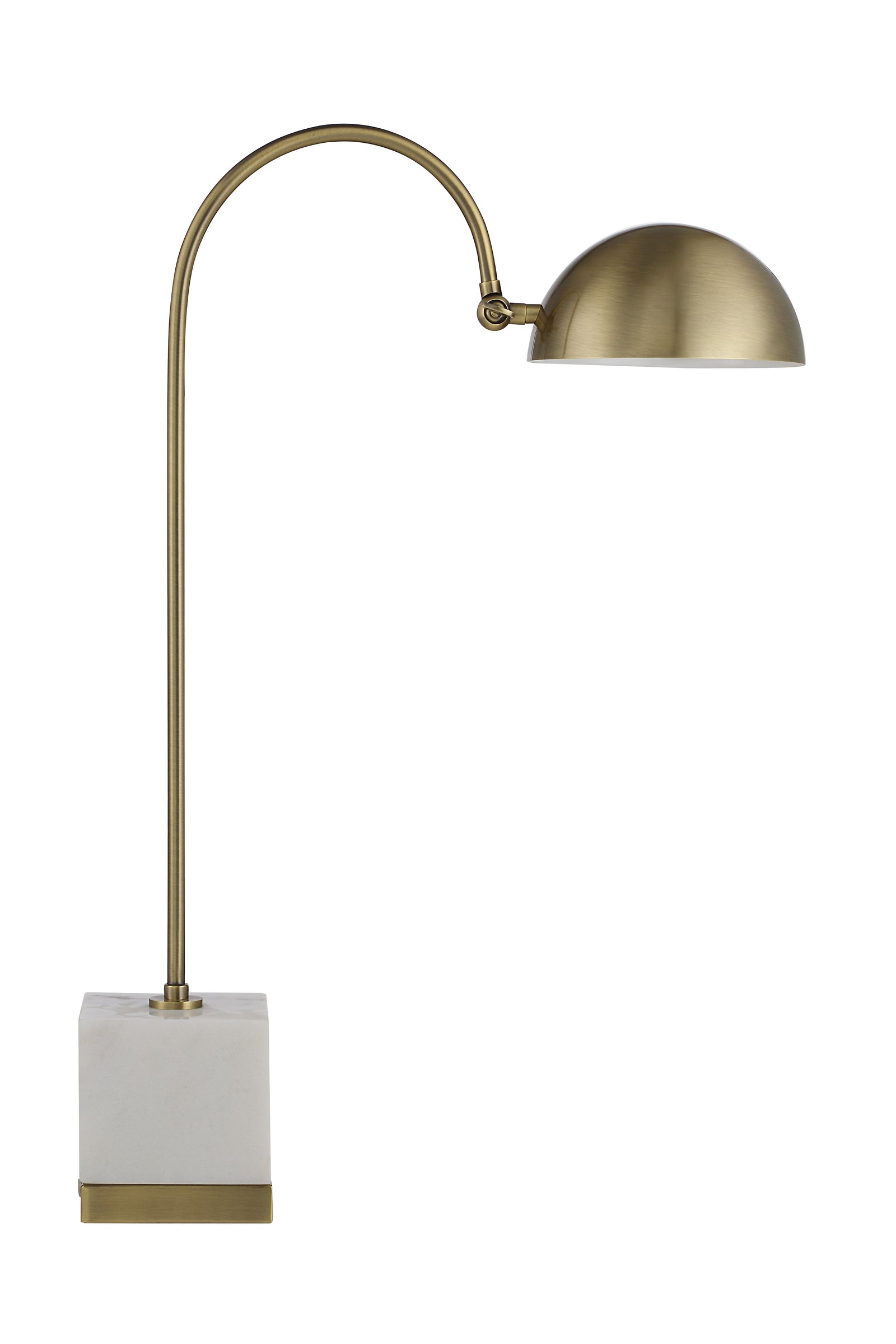 Volos Table Lamp with a curved brass arm and a marble base, featuring a dome-shaped brass shade.