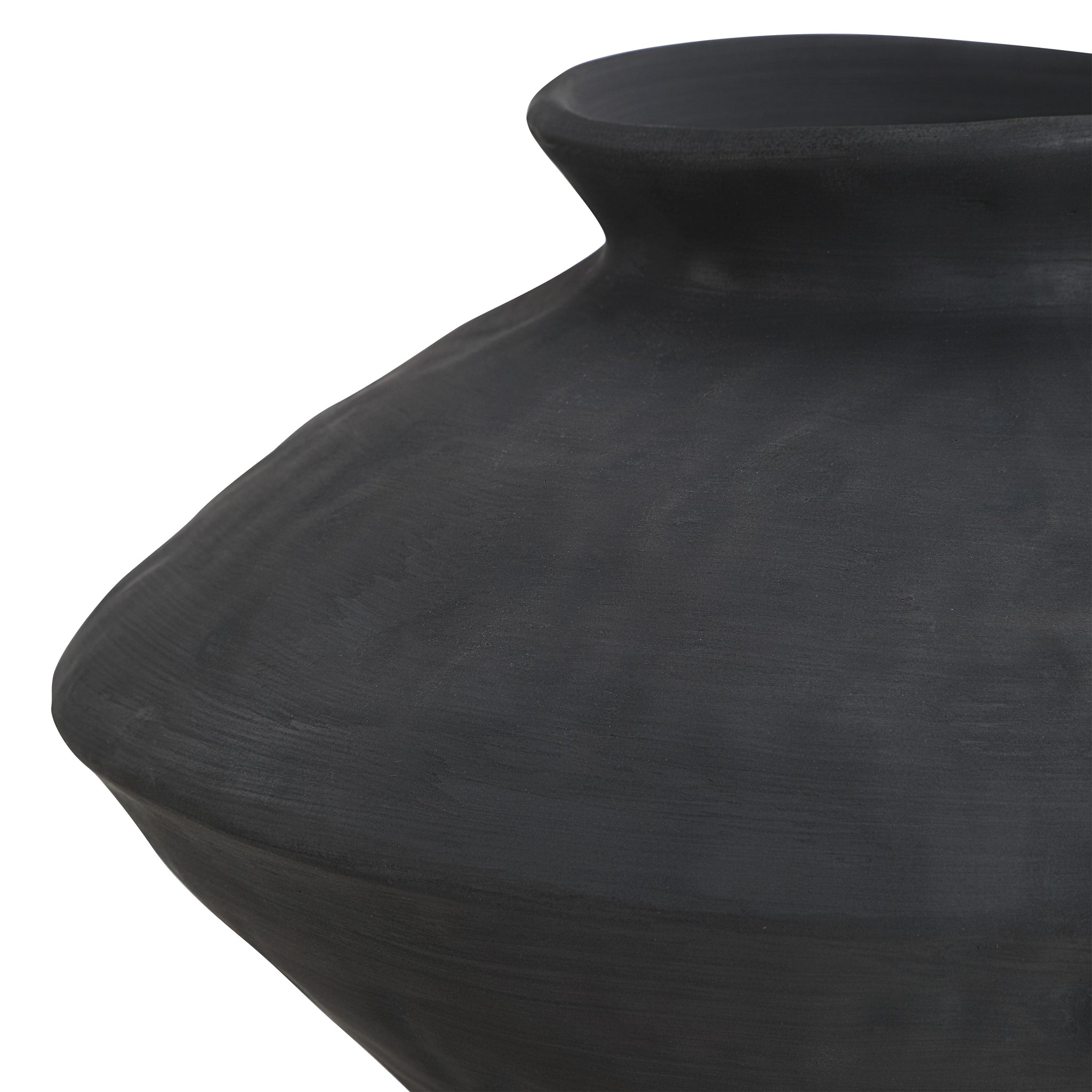 Close-up of Mills vase by Renwil, showcasing the black ceramic texture and shape
