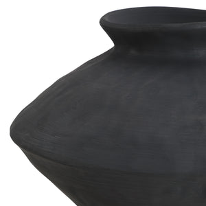 Close-up of Mills vase by Renwil, showcasing the black ceramic texture and shape