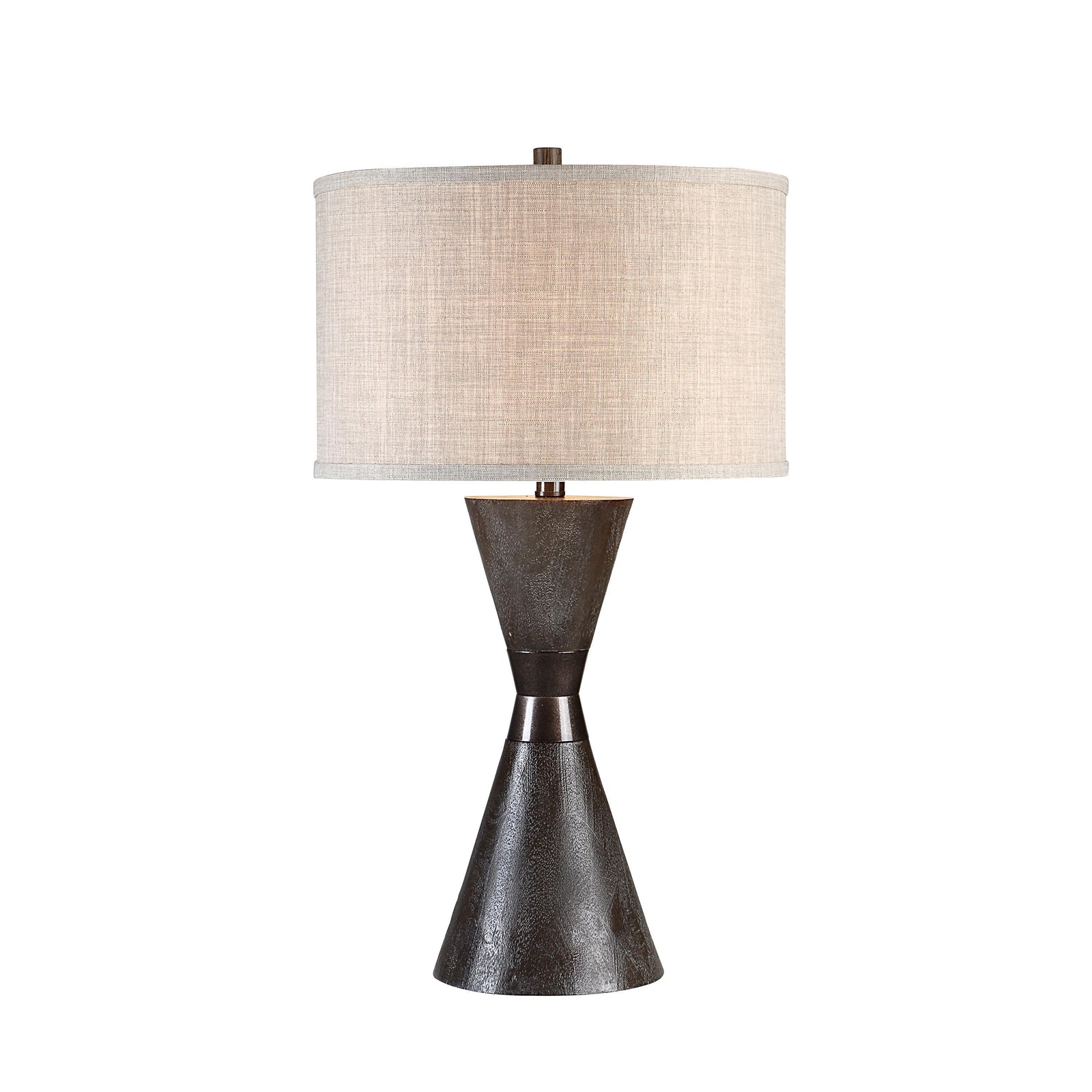 Vyara table lamp with a textured dark base and beige fabric shade