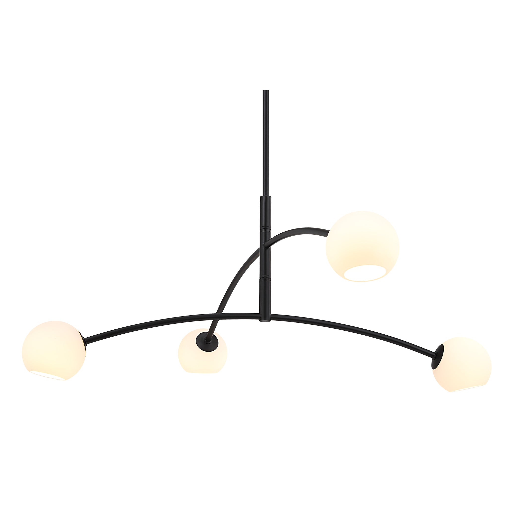 Nube Ceiling Fixture chandelier with four glowing white globes and black metal structure.
