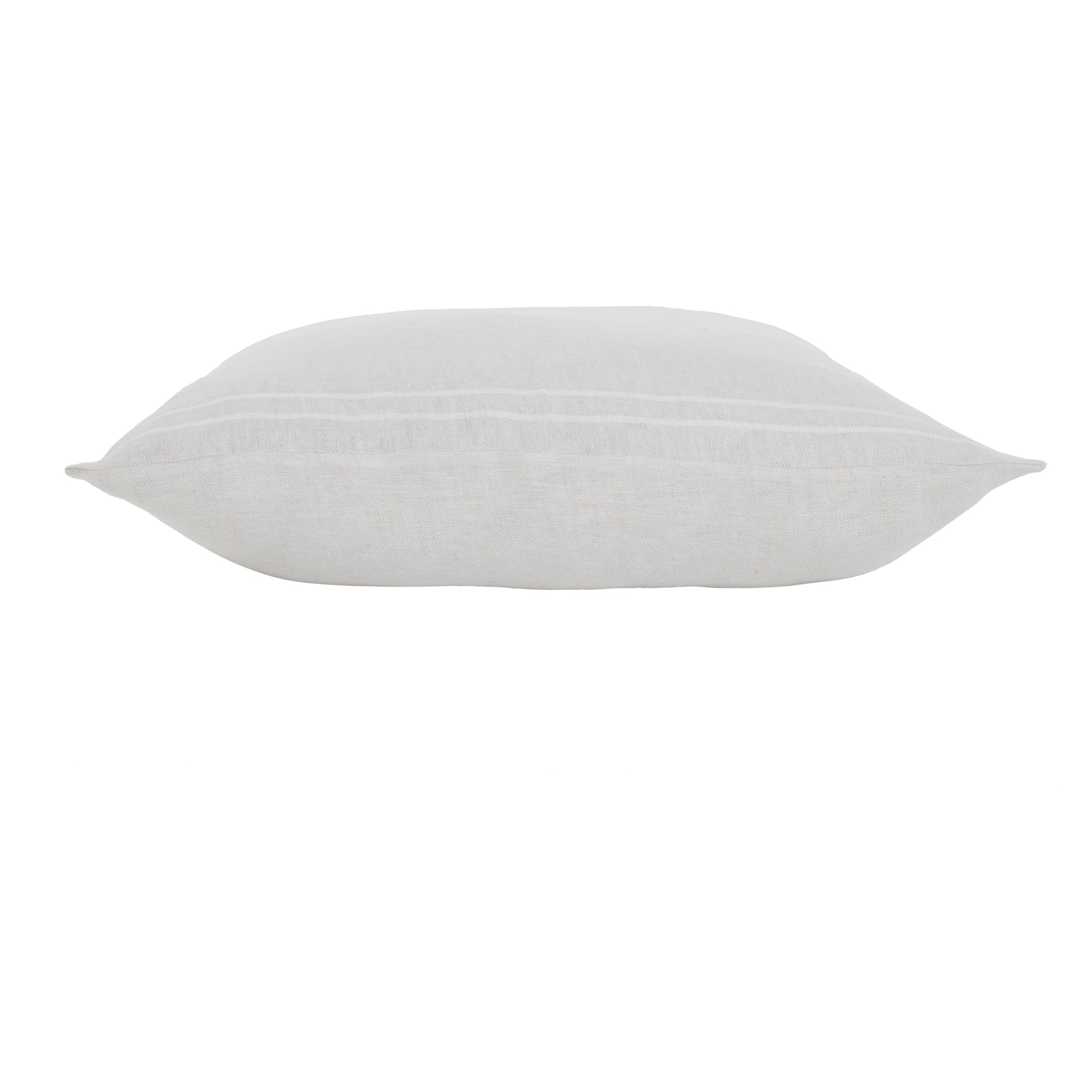 Side view of Raelyn Indoor Pillow, displaying its light gray color and subtle striped pattern.