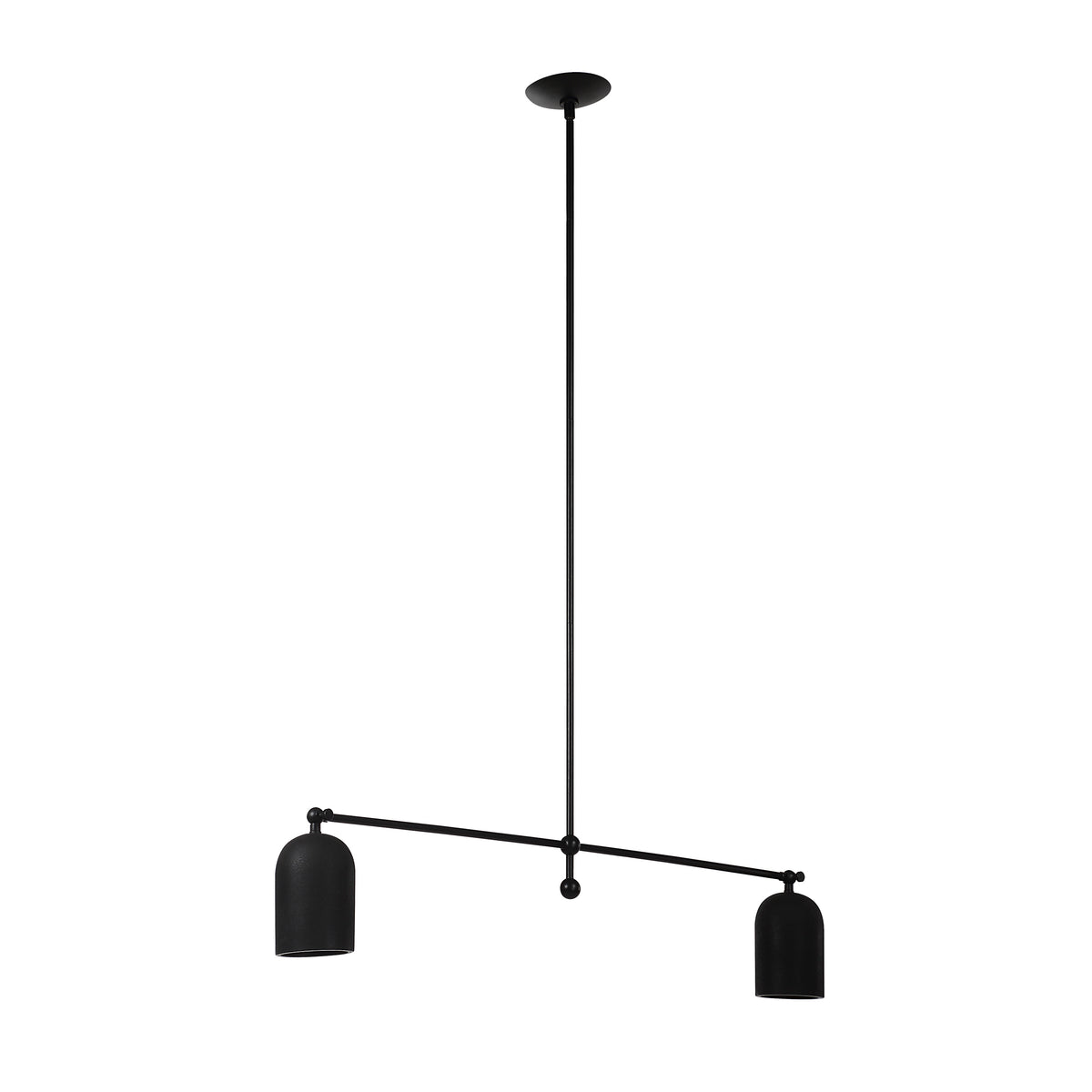 Saskia ceiling light fixture with two black bell-shaped shades and a long black rod.