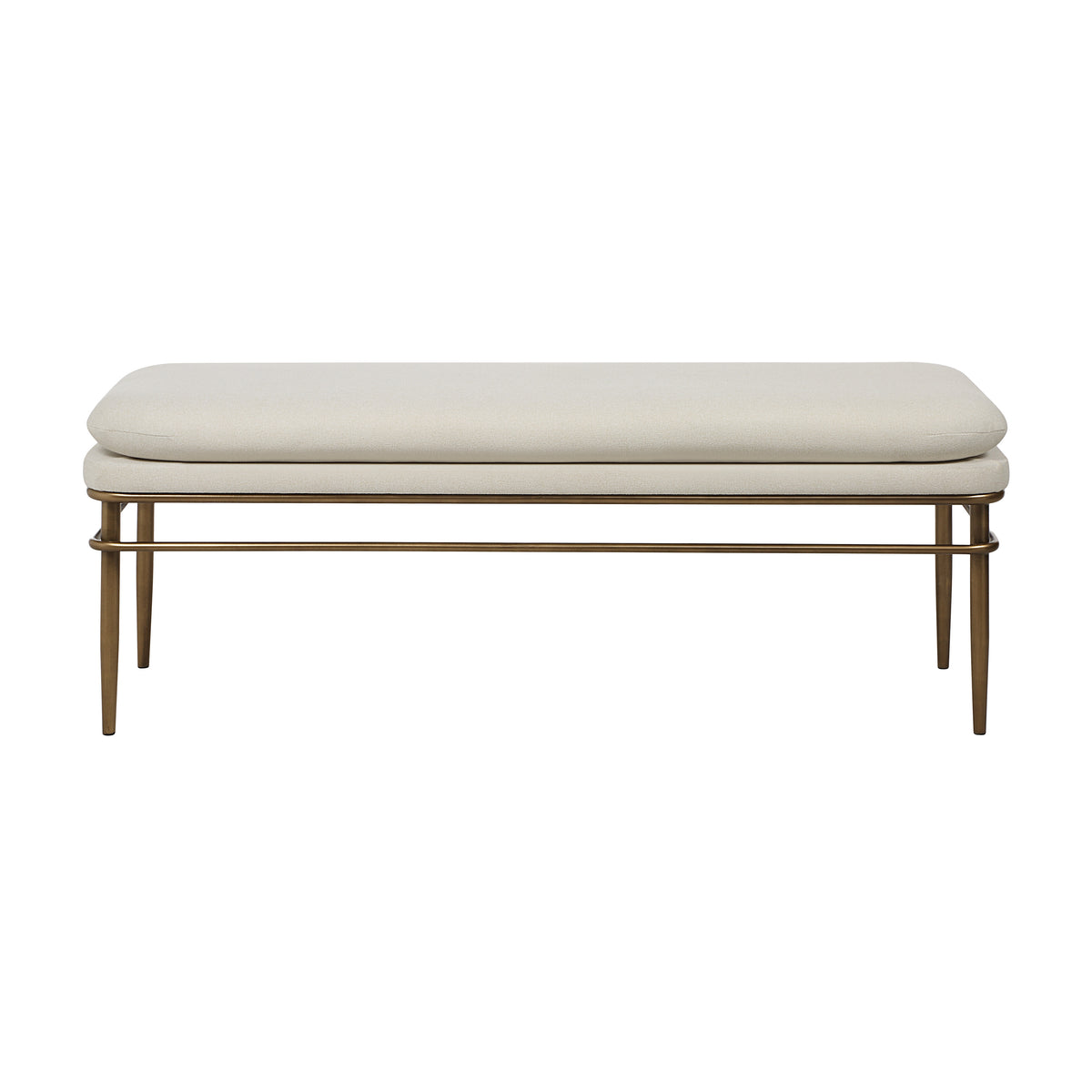 Paredes 18.0" Height Bench with cream fabric cushion and gold metal legs, front view.