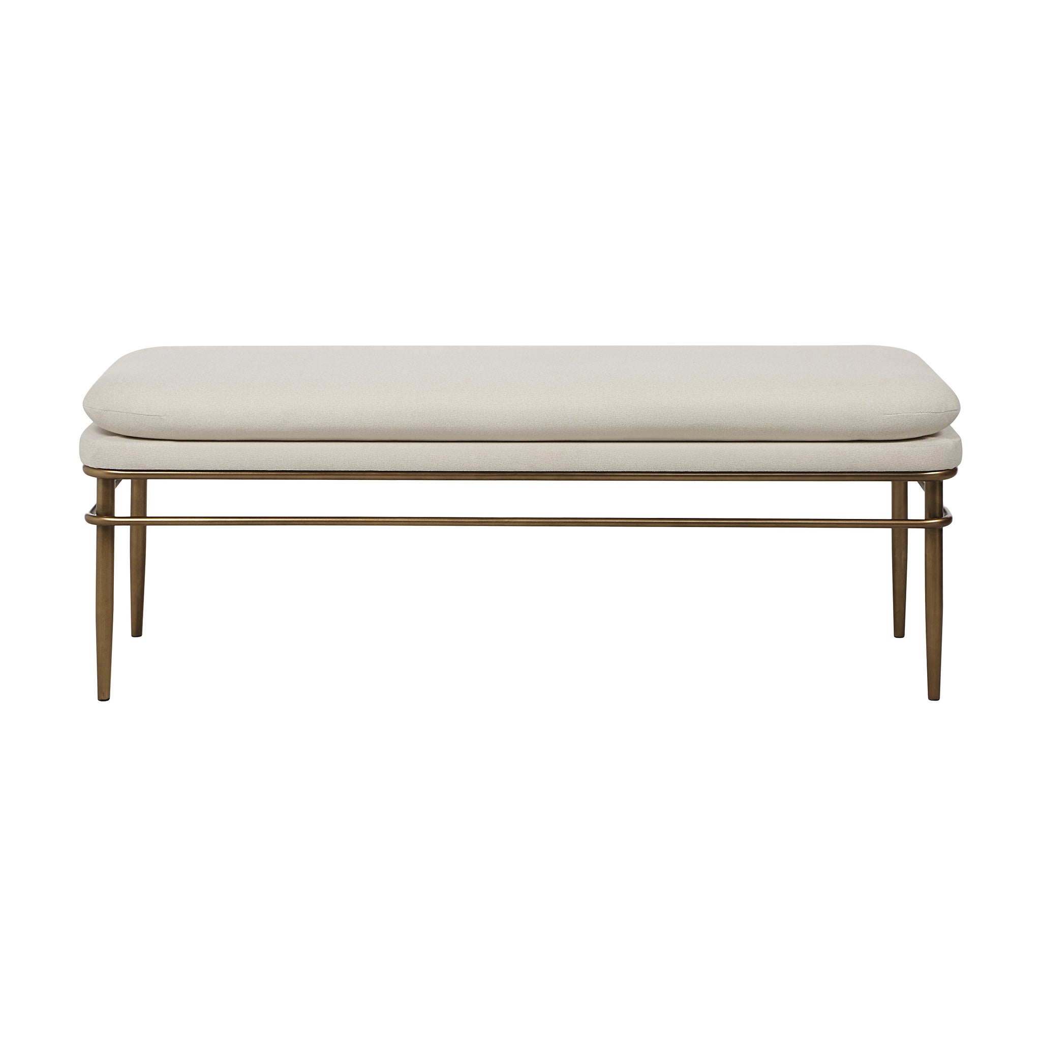 Paredes 18.0" Height Bench with cream fabric cushion and gold metal legs, front view.