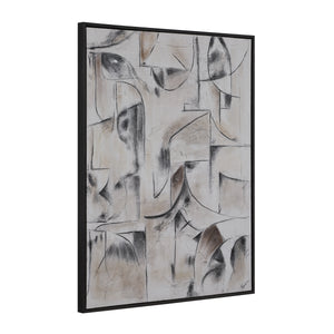 Yann canvas art displayed at an angle, showcasing abstract designs in neutral colors.