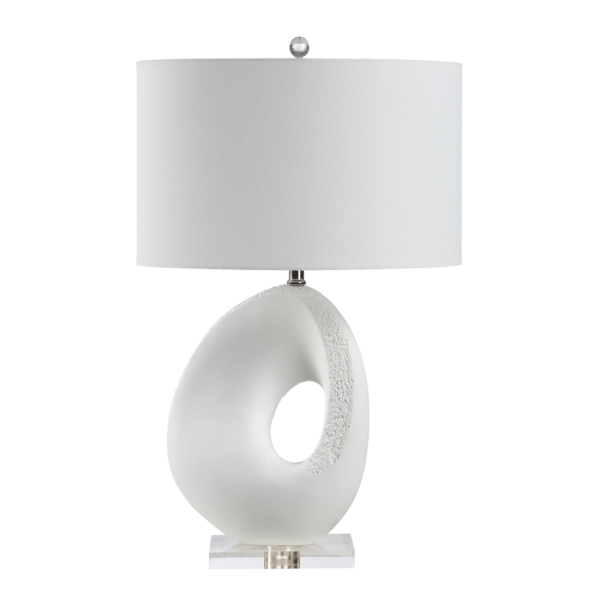 Opalis Table Lamp with a white fabric shade and a frosted sculptural base.