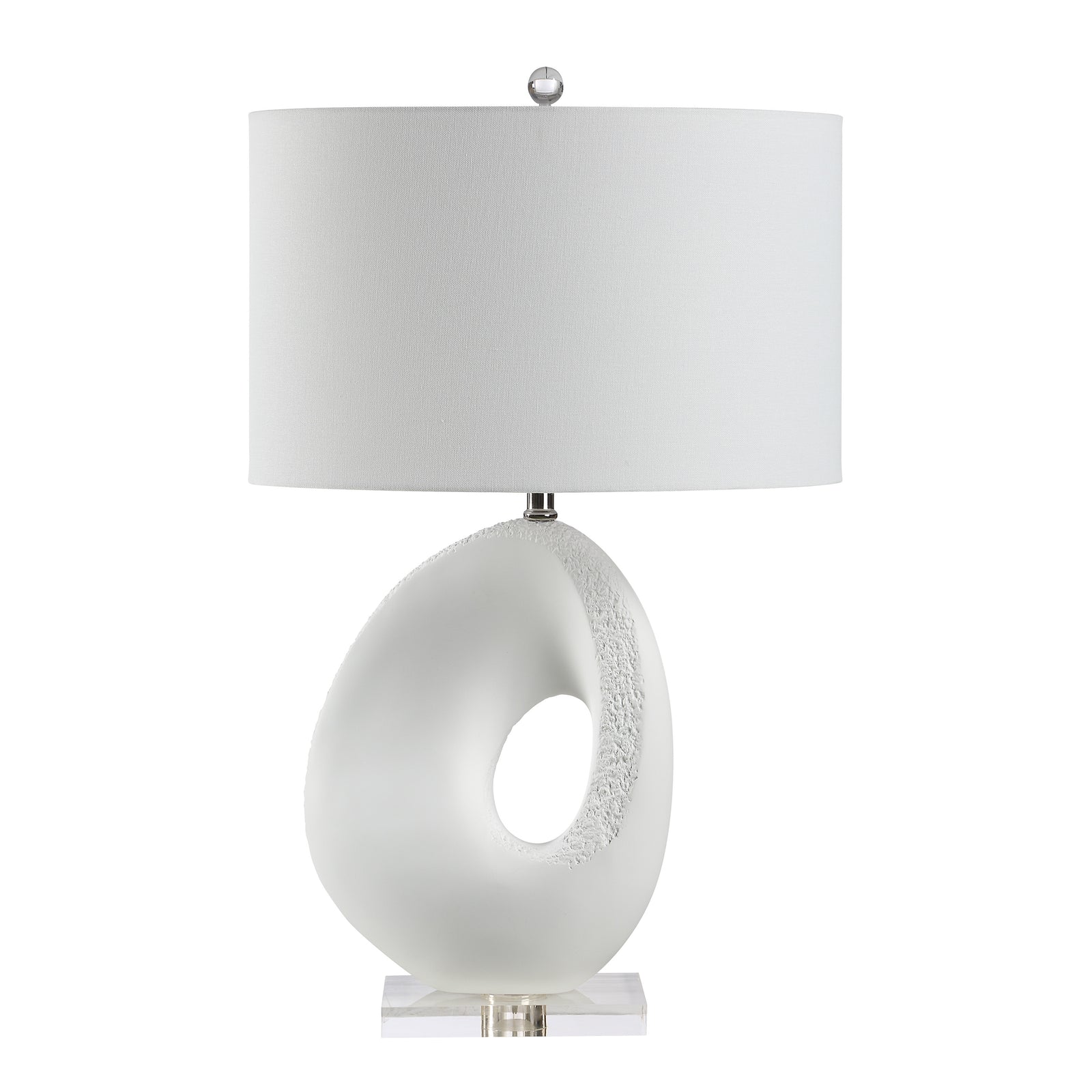 Opalis Table Lamp with a white fabric shade and a frosted sculptural base.