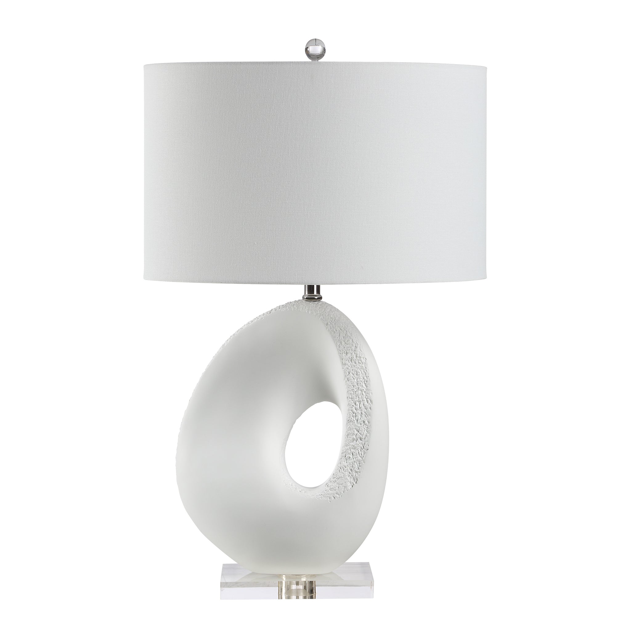 Opalis Table Lamp with a white fabric shade and a frosted sculptural base.